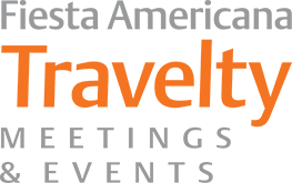 Logo with the words Fiesta Americana in gray, Travelty in large orange letters, and Meetings & Events in gray below—perfect for showcasing conference events or meetings at top resorts and hotels in Mexico.