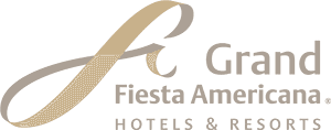 Logo of Grand Fiesta Americana Hotels & Resorts, featuring a gold and beige stylized F symbol to the left of the brand name in gray text—an emblem recognized at top Mexico resorts and conference events.