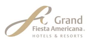 Logo for Grand Fiesta Americana Hotels & Resorts, featuring a stylized gold and gray ribbon-like F design next to the brand name in gray and gold text—ideal for conference events and meetings at premier resorts in Mexico.