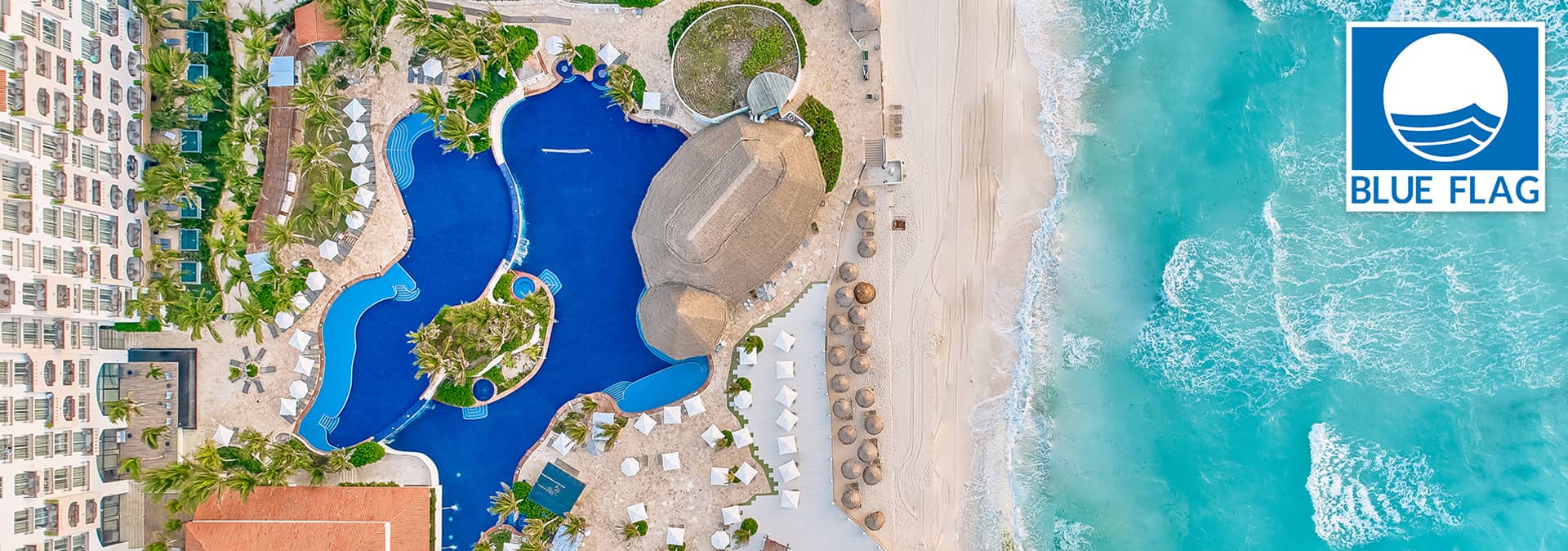 Aerial view of a beachfront resort in Mexico with a large, winding blue pool, palm trees, lounge chairs, and a sandy beach beside turquoise ocean waves—ideal for meetings or conference events. A Blue Flag eco-label is displayed in the top right corner.