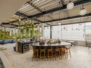 Moderno bar y salón al aire libre en uno de los mejores complejos turísticos de México, con taburetes de madera alrededor de una barra central, luces esféricas, pérgolas exuberantes y vistas al océano: perfecto para relajarse después de reuniones o eventos de conferencias.
