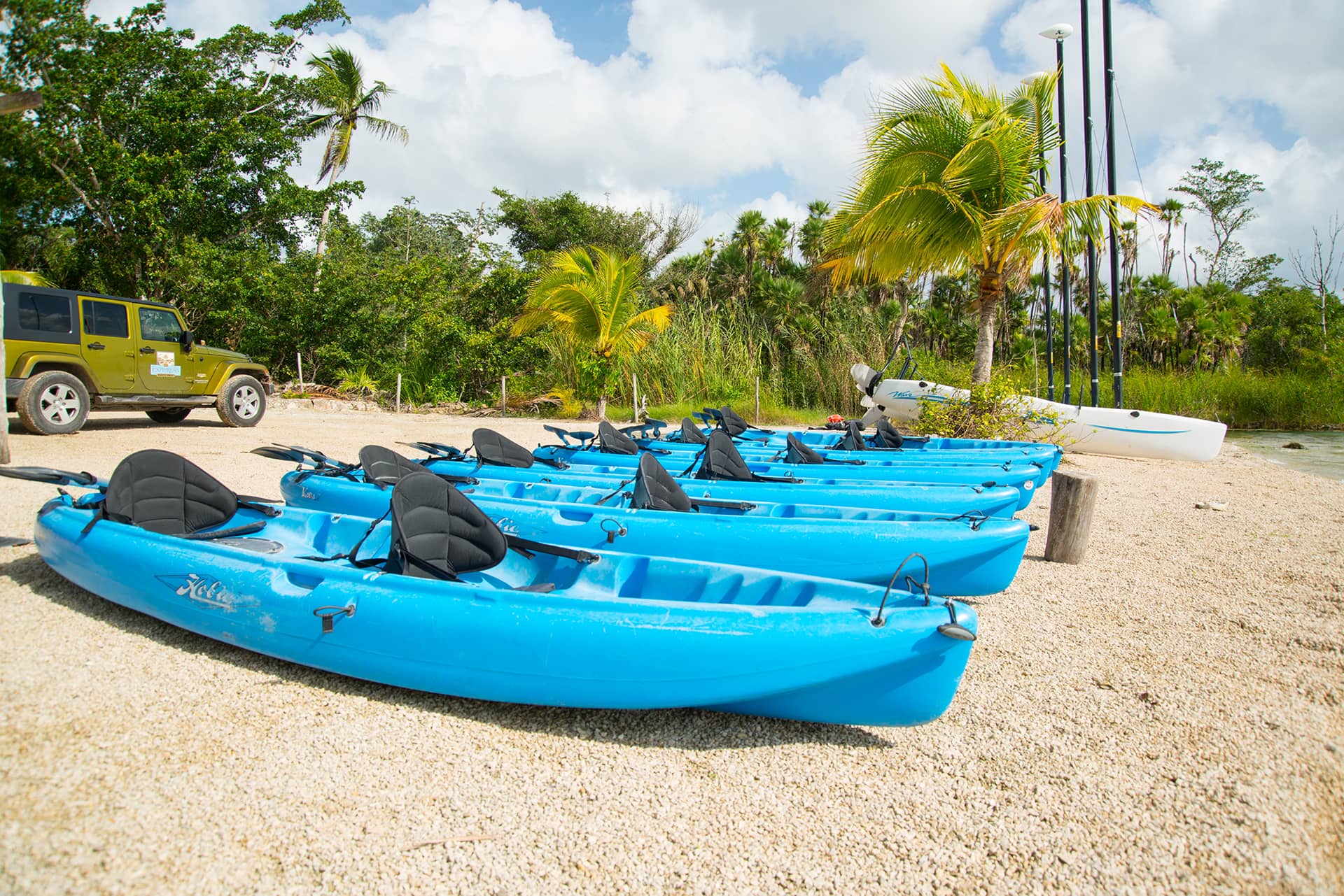 Several bright blue kayaks are lined up on a sandy shore near tropical palm trees, with a yellow Jeep parked nearby—perfect for guests at Mexico resorts or hotels hosting conference events by the water under a partly cloudy sky.