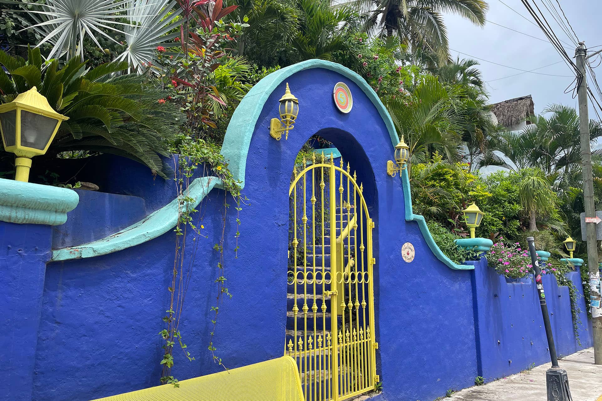 A bright blue wall with a yellow gated archway is surrounded by lush green plants and palm trees, evoking the vibrant ambiance of Mexico hotels. Decorative yellow lamps adorn the wall, with electrical wires visible above.
