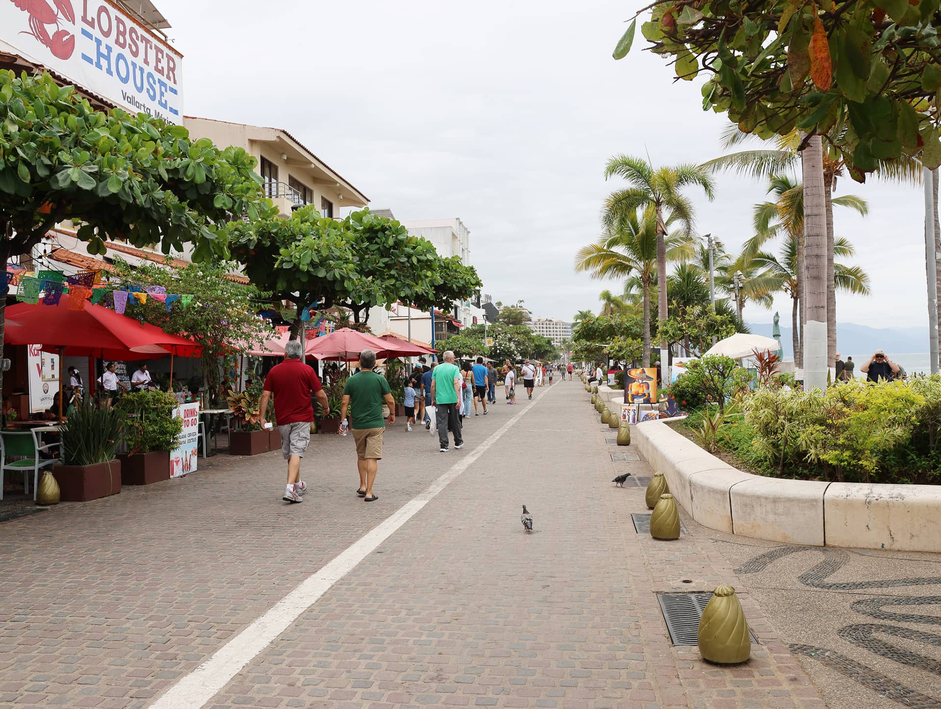 People walk along a palm-lined boardwalk with shops and restaurants, including one with a “Lobster House” sign. Colorful umbrellas and greenery line the path, capturing the lively atmosphere found near Mexico resorts and hotels.