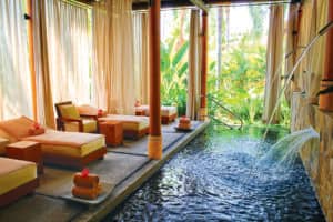 En uno de los resorts más exclusivos de México, le espera una serena sala de spa con cómodas tumbonas, toallas enrolladas y una piscina alargada. La exuberante vegetación y las palmeras que se ven desde las ventanas crean un oasis de relajación para los huéspedes entre reuniones o eventos.