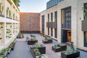 Patio moderno en resorts mexicanos con jardineras rectangulares llenas de suculentas y cactus, rodeado de edificios de piedra beige. Grandes ventanales y balcones dan al espacio central, ideal para eventos o reuniones de hotel.