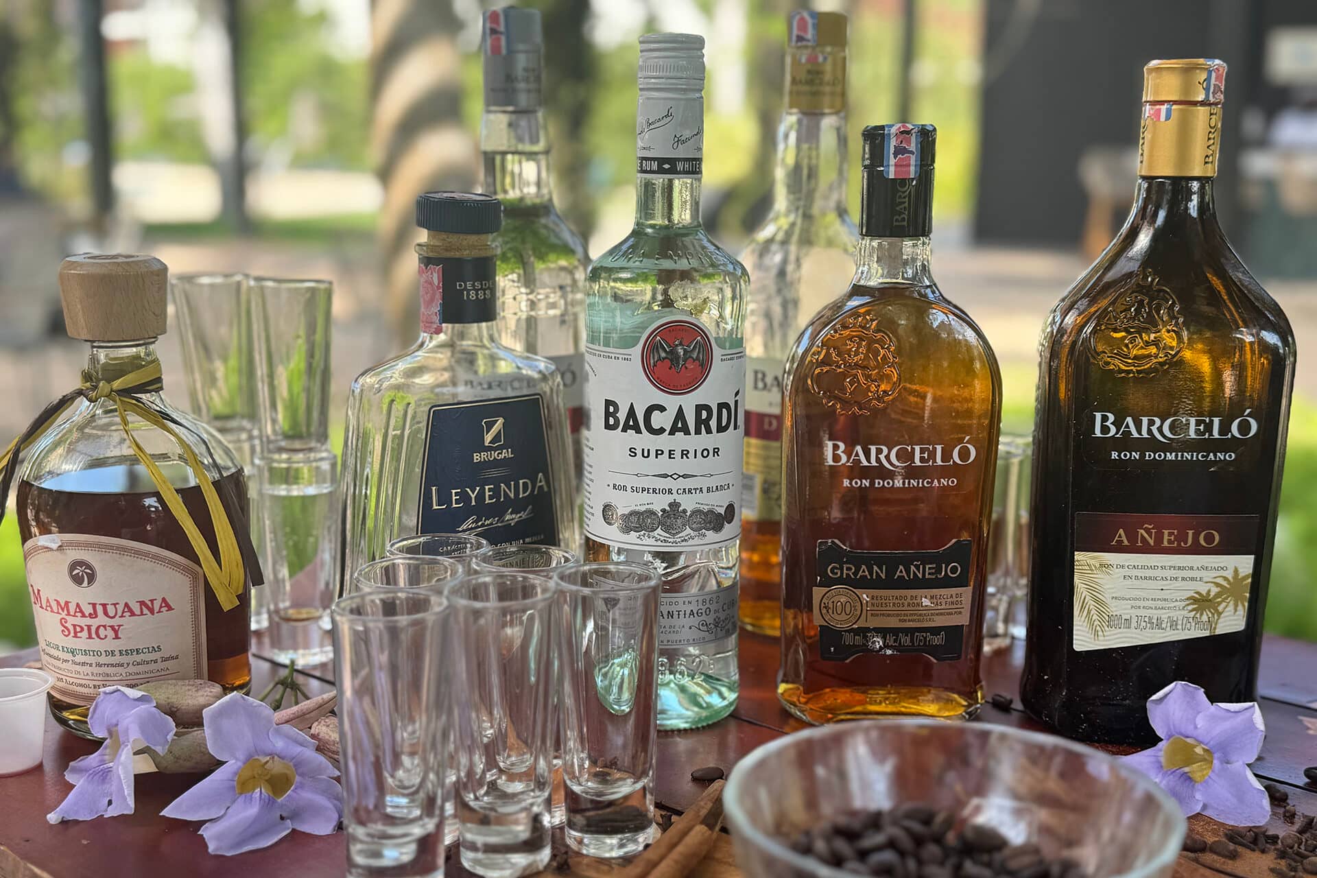 A variety of rum bottles, including Mamajuana, Leyenda, Bacardi, and Barceló, are arranged on a table with shot glasses, flowers, cinnamon sticks, and coffee beans—perfect for conference events or meetings at Mexico resorts and hotels.