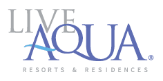 Logo for Live Aqua Resorts & Residences, a premier Mexico hotels brand. The word LIVE is in gray, AQUA in bold blue with a wave accent, and RESORTS & RESIDENCES below in smaller gray—perfect for meetings or conference events.