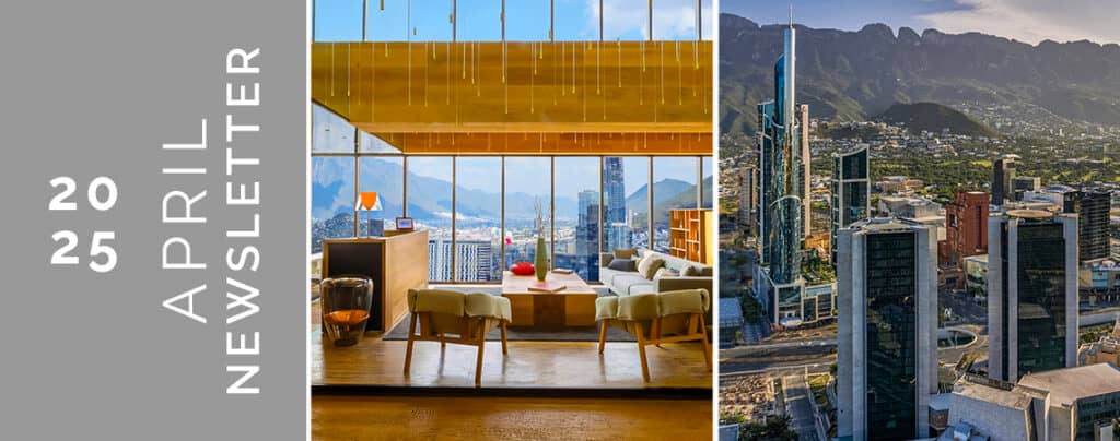April 2025 newsletter banner featuring a modern lounge in Mexico resorts, overlooking a city and mountains—perfect for conference events and hotel meetings with a stunning cityscape backdrop.