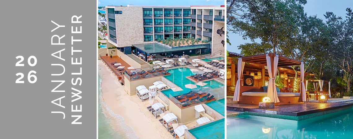 Split image: left side shows a Mexico hotel with multiple pools and beach cabanas; right side features luxury poolside cabanas surrounded by trees. Left vertical banner reads “2026 January Newsletter.” Perfect for conference events or resort meetings.