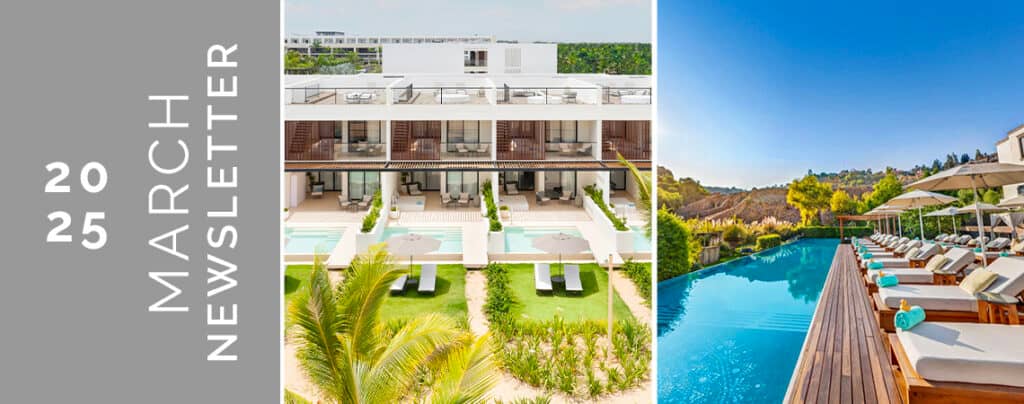 Banner for a March 2025 newsletter featuring a modern hotel with balconies and pool, lush tropical greenery, and a serene outdoor pool—an inviting setting for meetings or conference events at resorts in Mexico.