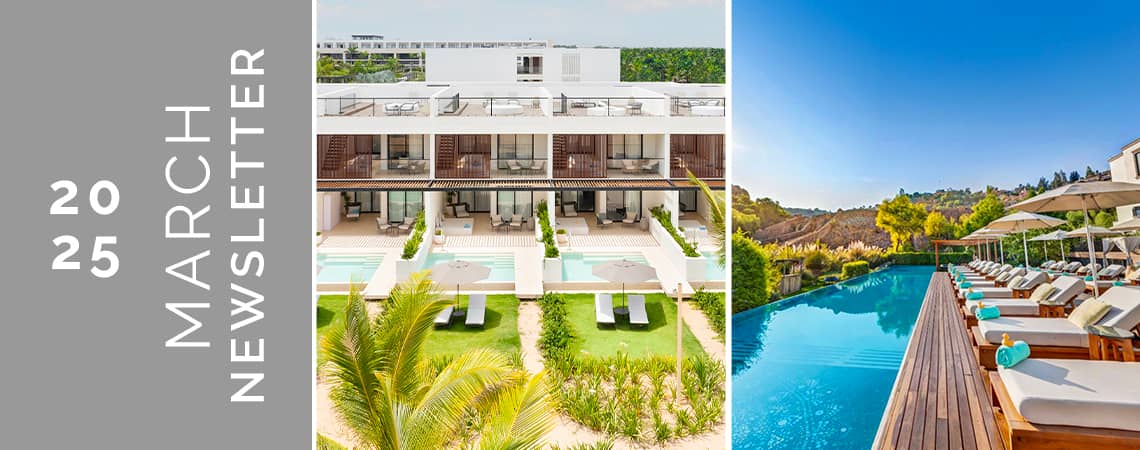 Banner for a March 2025 newsletter featuring a modern hotel with balconies and pool, lush tropical greenery, and a serene outdoor pool—an inviting setting for meetings or conference events at resorts in Mexico.