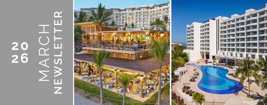 2026 March Newsletter. Discover Mexico resorts perfect for conference events: dine outdoors among palm trees or relax at a white hotel with balconies and a curvy blue pool—ideal settings for memorable meetings.