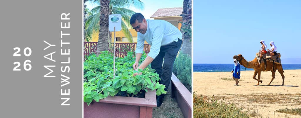 A May 2026 newsletter banner with three sections: a date and title on a grey background, a man tending to plants in a garden, and two people riding a camel on a beach led by a guide, perfect for showcasing conference events at Mexico hotels or resorts.