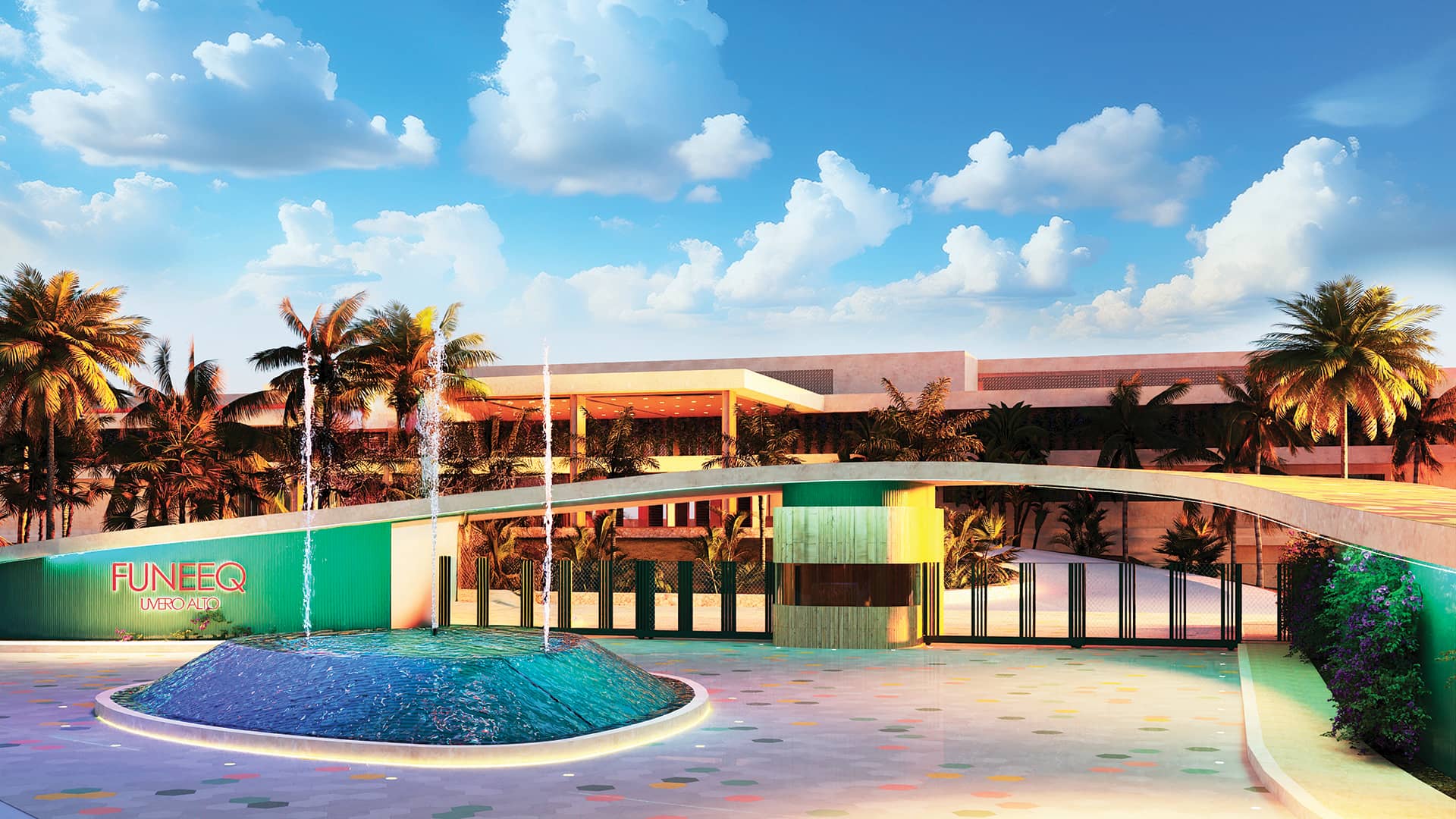 Edificio moderno con palmeras, una entrada curva y una fuente al frente. El letrero dice FUNEQ Med Apiz. Ideal para conferencias o reuniones, este hotel mexicano cuenta con un cielo azul brillante y un suelo decorado con puntos de colores.