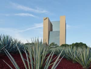 Un moderno hotel de gran altura, construido en vidrio y hormigón, con un jardín de agaves en primer plano, bajo un cielo azul despejado. Ideal para reuniones y conferencias, el edificio luce un gran logotipo estilizado en forma de L en la parte superior.
