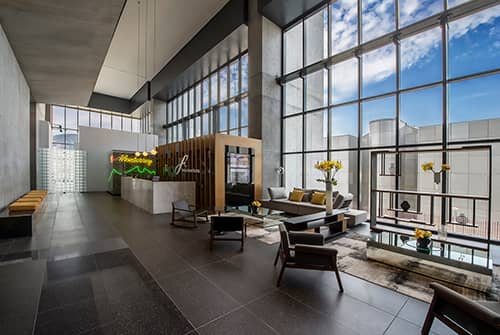 Modern lobby with high ceilings, floor-to-ceiling windows, stylish seating area, yellow flower arrangements, and reception desk—perfect for meetings or conference events. Natural light creates a bright, welcoming atmosphere at this Mexico resort hotel.