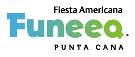 Logo for Fiesta Americana Funeeq Punta Cana, featuring Funeeq in large blue and green gradient text, with Conference Events Resorts Mexico and other details in black above and below it on a light background.
