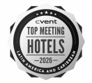 A round badge labeled Cvent Top Meeting Hotels 2026, Latin America and Caribbean, with bold, large text in the center and a black border—perfect for showcasing top conference events and meetings resorts in Mexico hotels.