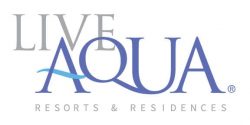 Logo for Live Aqua Resorts & Residences, perfect for Mexico hotels and conference events, featuring the word LIVE in gray above AQUA in large blue letters with a wave through the A, and Resorts & Residences in smaller gray text below.