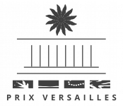 Logotipo en blanco y negro con un sol estilizado en la parte superior, barras verticales en el centro y formas geométricas en la parte inferior. El texto PRIX VERSAILLES aparece en la parte inferior, ideal para eventos de conferencias o para la imagen de marca de Resorts México.