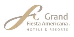 Logo for Grand Fiesta Americana Hotels & Resorts, featuring a stylized gold and gray ribbon-like F design next to the brand name in gray and gold text—ideal for conference events and meetings at premier resorts in Mexico.